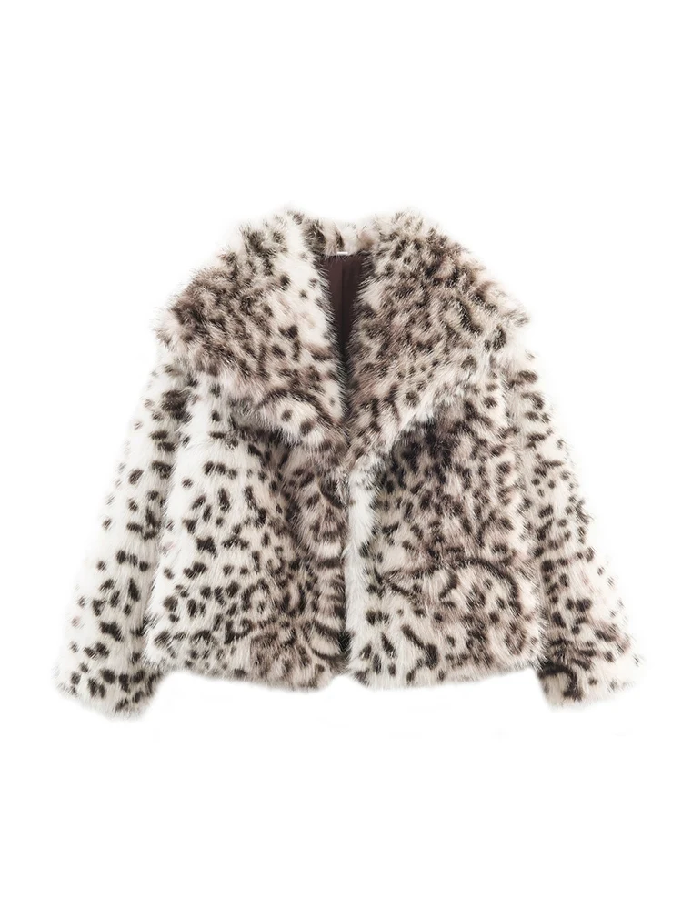 

Новая женская мода в европейском стиле, универсальная и элегантная толстая шуба из искусственного меха с лацканами и леопардовым принтом.