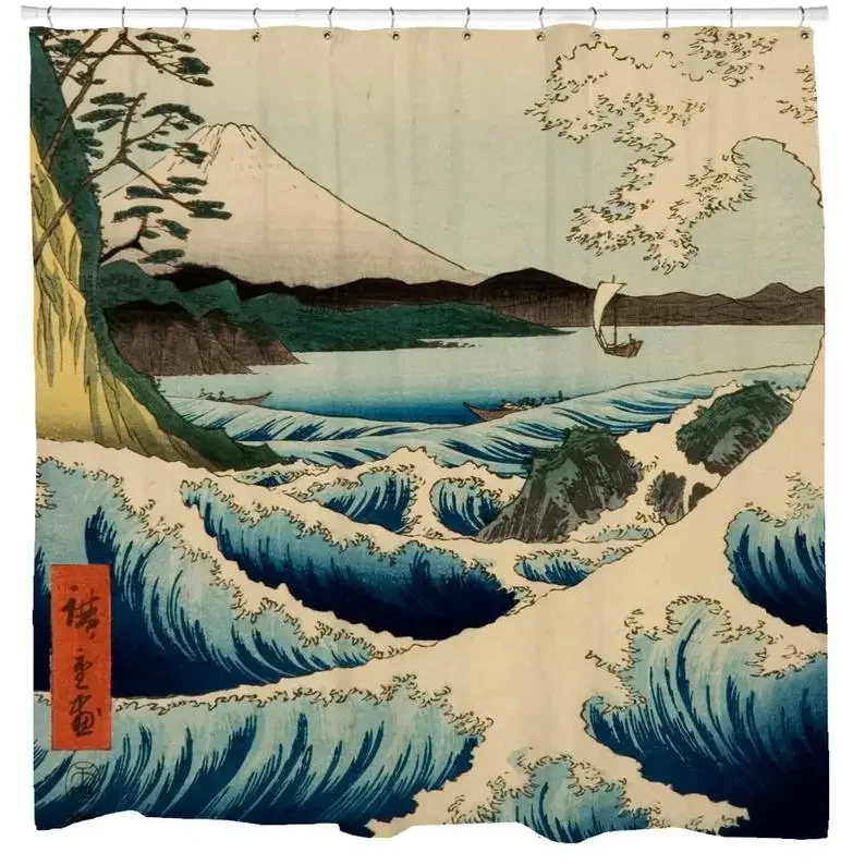 Ocean Waves Shower Curtain, Whirlpool Bathroom Decor, Japanese Art, Boho, Sea Theme Décor