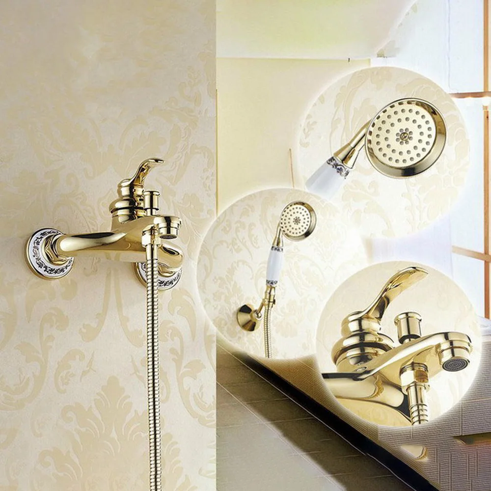 

Contemporary Luxury Golden Brass Wall Mount 2 Hole Bathtub Faucet with Handheld Shower Set +1.5M Hose Mixer Tap 2tf404