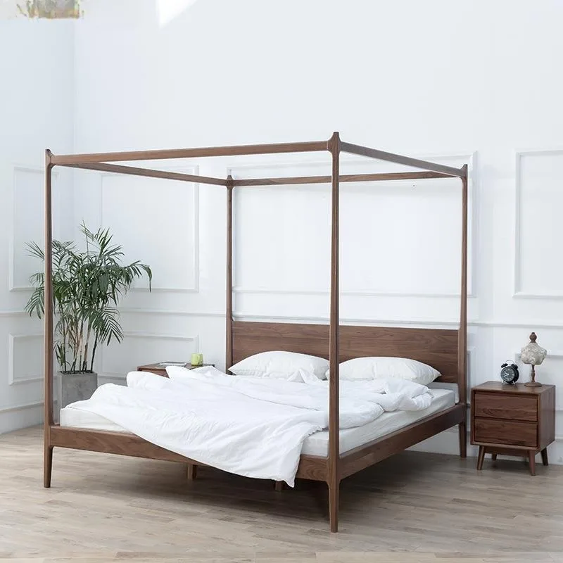 Black walnut shelf bed, all solid wood double bed, cherry wood simple modern Japanese wedding bed master bedroom