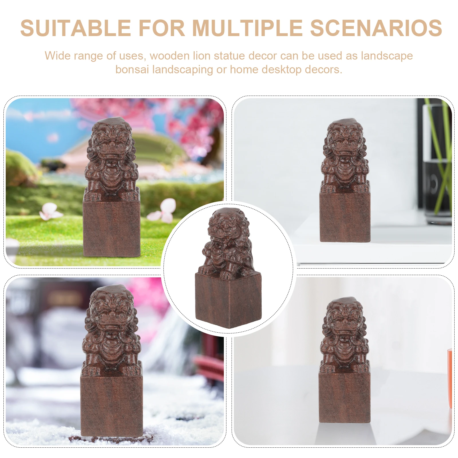 

4pcs Wooden Lion Statues Light Brown Desk Decor Chinese Sculpture Indoor Office Guard Figurines Stylish Wooden Lion