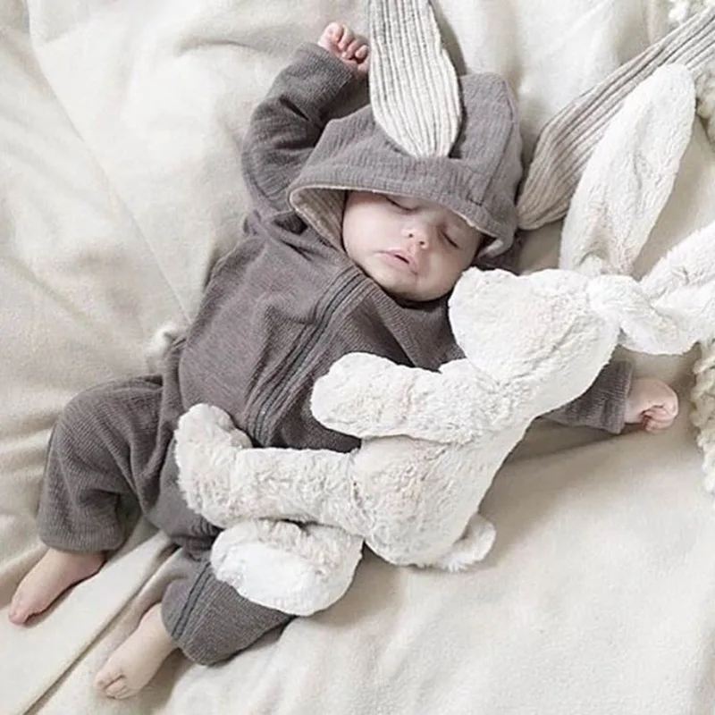 Boys Long Sleeved Clothing Baby Children Big Ears Rabbit Bodysuit Girl Baby Hooded Zipper Creeper Romper 0 to 3 6 9 12 18 Months