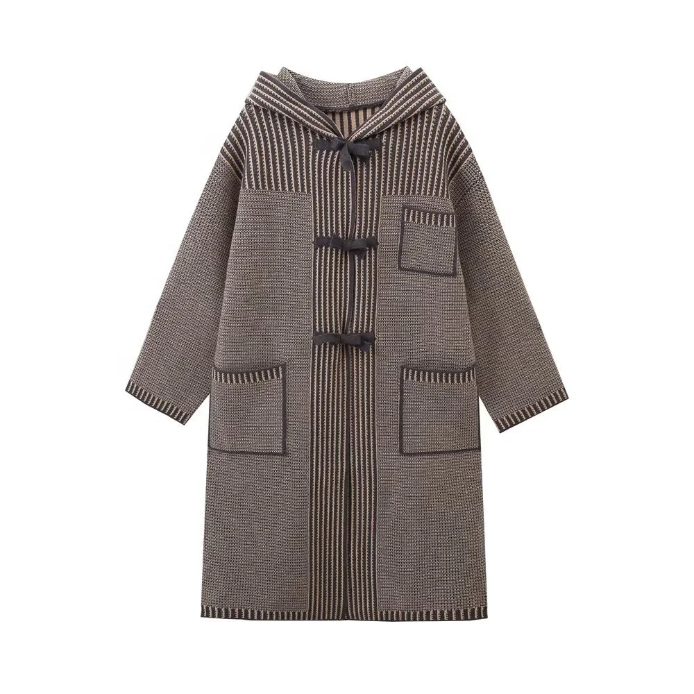 

Осенний Новый Женский Повседневный Универсальный кардиган BMURHMZA с капюшоном и длинными рукавами, украшенный карманами, приталенный вязаный кардиган