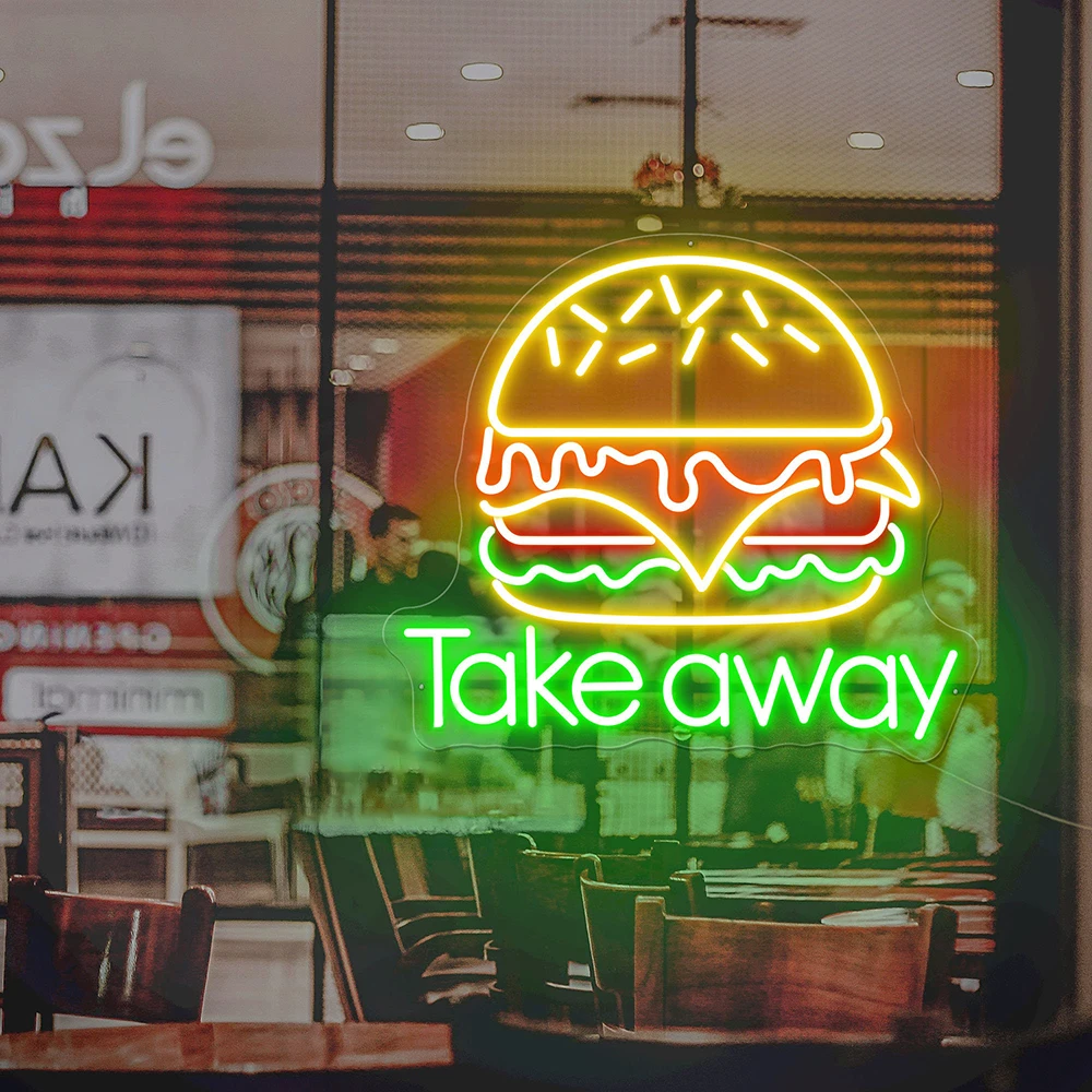 Burger Take Away Neon Sign Hamburger Neon Light Custom Restaurant Logo LED Sign Fast Food Shop Decor Wall Art Food Truck Decor