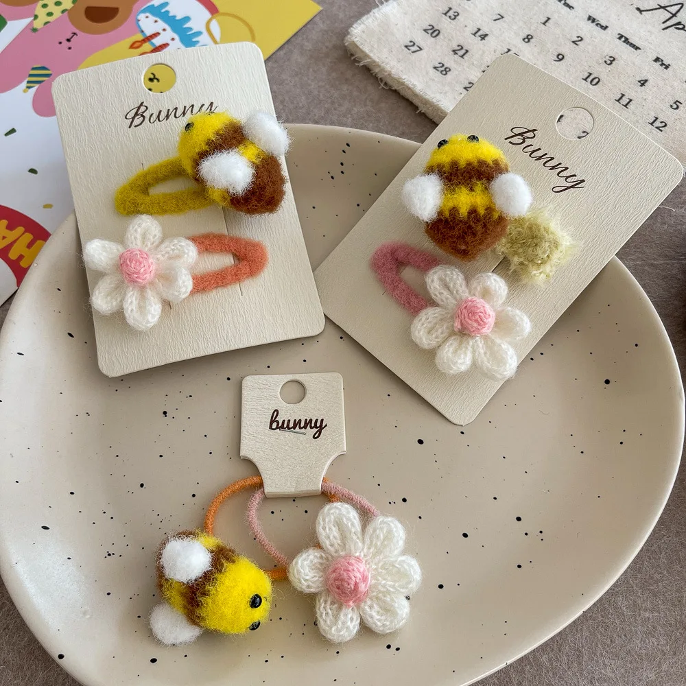 2pcs Crochet Cartoon Bee Cute Hairpin Flower Bangs Side Clip Girl Sweet Hair Clip Elastic Hair Band Rubber Band Hair Accessories