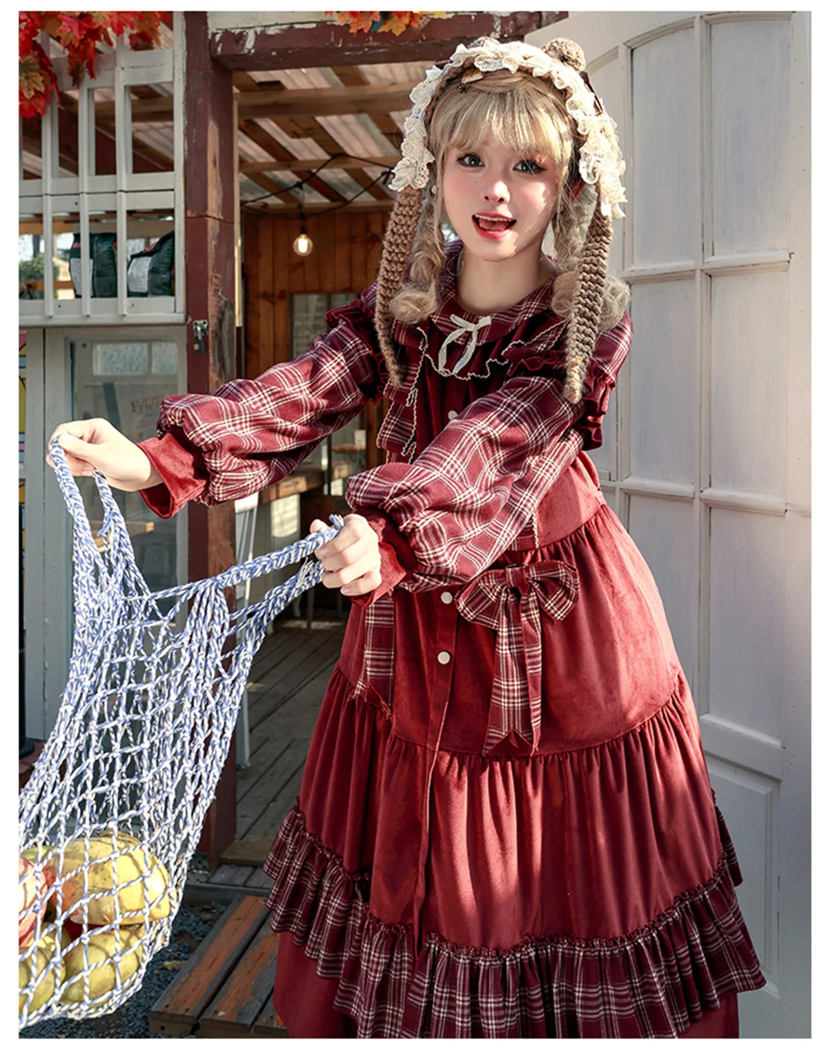 French Vintage Idyllic Cosplay Lolita Girls Op Christmas Sweet Grid Ribbon Bowknot Puff Sleeve Peter Pan Collar Button Dress