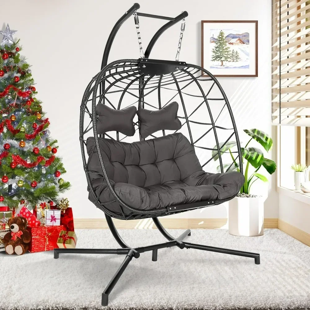 

Luxury 2 Person Wicker Swing Double Egg Chair with Stand, Rattan Wicker Hanging Egg Chair Hammock with Cushion and Pillow