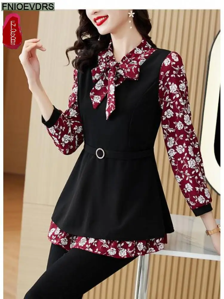 M-5XL Women Elegant Office Lady Retro Vintage Loose Peplum Bow Tie Ruffle Top Flower Floral Print Long Tunic Basic Shirt Blouses