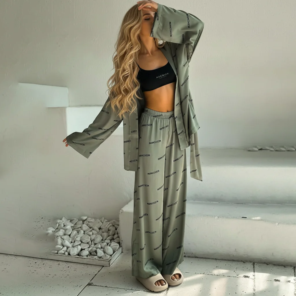 

2026 Весенний костюм из 2 предметов с буквенным принтом и длинным рукавом на шнуровке, сексуальный кардиган с v-образным вырезом, топы + брюки, повседневная ночная рубашка, комплекты из 2 предметов