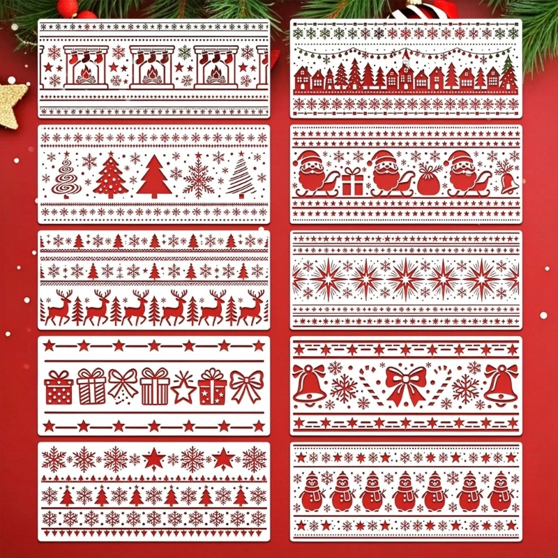 2025 New 10 Piece Painting Templates with Christmas Motifs, Bells, Santa Figures, and Decorative Edges for Rugs, Pillow Covers,
