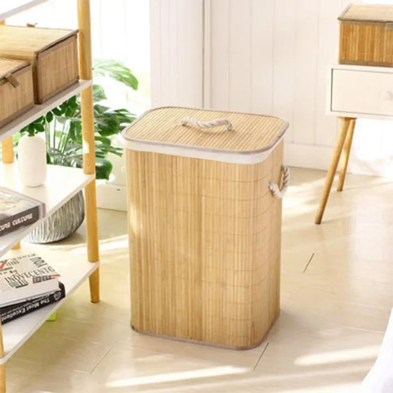 Home Clothes Storage Box Foldable Clothes Storage Basket Bamboo Laundry Basket Dirty Clothes Storage Bucket Lid