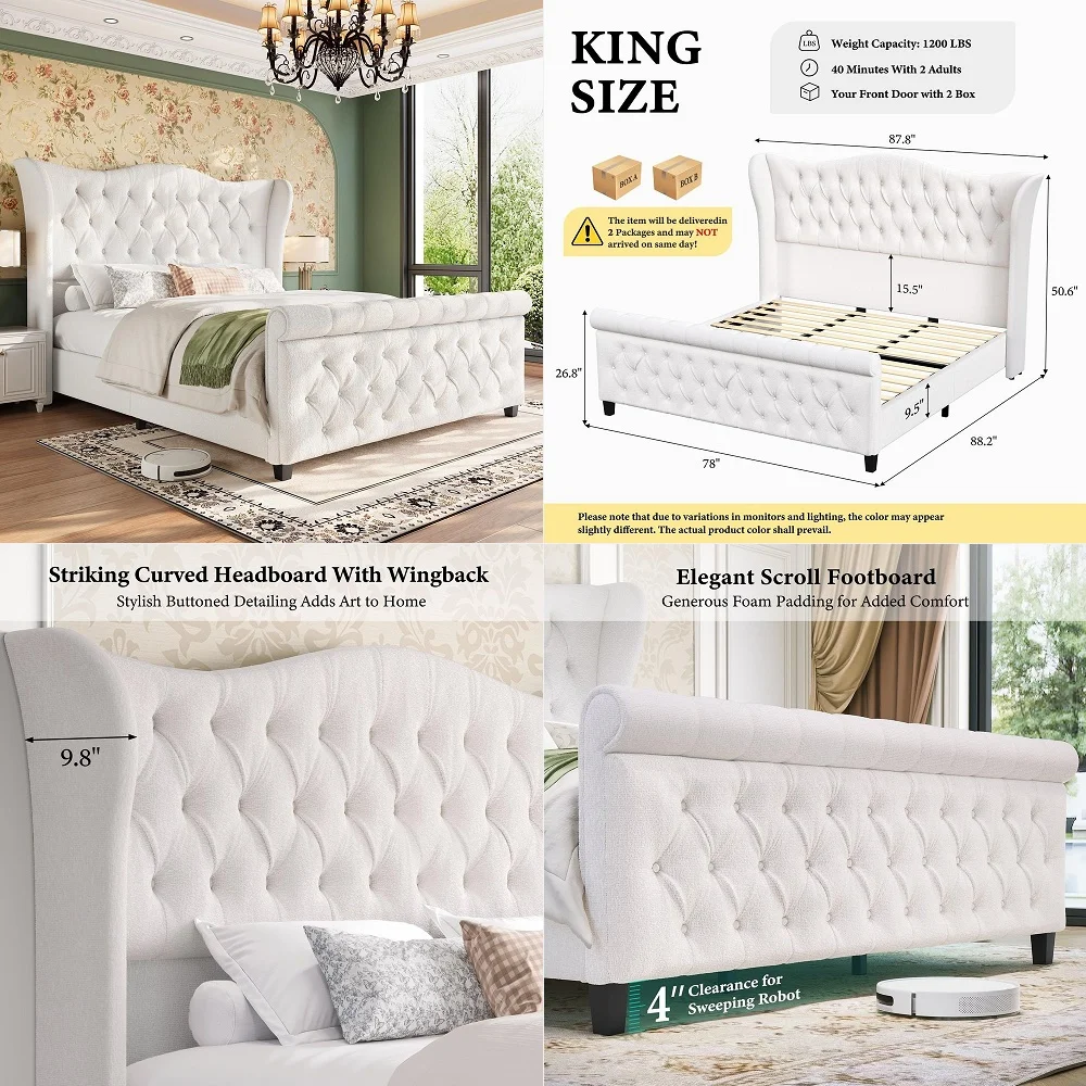 

King Size Bed Frame,Chenille Upholstered Sleigh Bed with Scroll Wingback Headboard amp Footboard,Luxury amp Soft Button Tufted