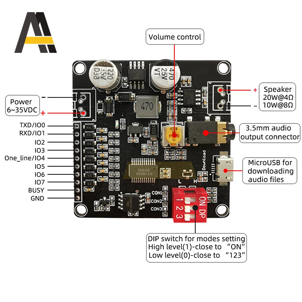 Module de lecture vocale 12V/24V, déclencheur 1 à 1, contrôle de port série, 10W/20W, lecteurs d'amplificateur de classe D, haut-parleurs 4Ω/8Ω, prise en charge MP3 WAV