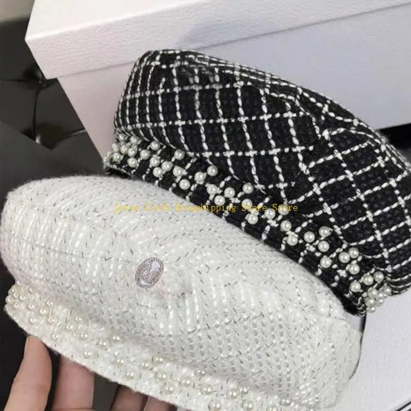 أنيقة تويد قبعة اللؤلؤ مثمنة قبعة الفنان قبعة السنة الجديدة هدية لصديقة 10CD