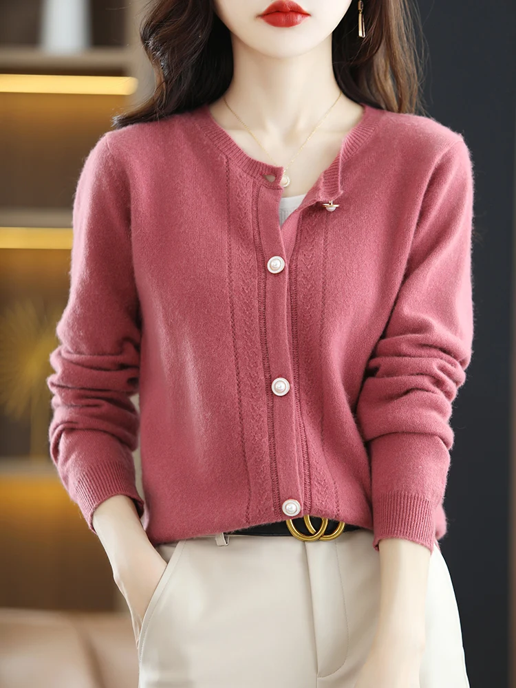 2024 100% Merino Wool Women's Cardigan Autumn Winter O-Neck Long Sleeve Sweater Fashion Female Knitwear Basic Clothing Top