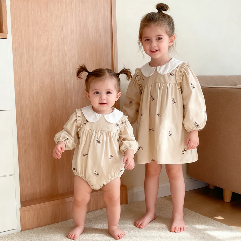 ملابس الخريف ملابس الأخت فتاة فستان الحفلات زهرة التطريز الدانتيل طوق الاطفال الأميرة الأسرة مطابقة فستان رومبير الطفل