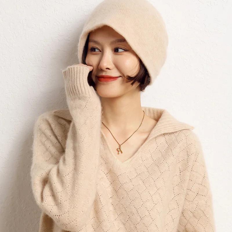 100% Pure Cashmere Women's Drawstring Hat Autumn and Winter Korean Version Versatile Fashionable Casual Hat Warm Knit Toe Cap