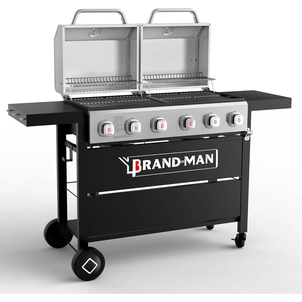 

6 Burner Propane Gas Grill, BBQ Grill with Double Stainless Steel Lids & Foldable Side Shelves for Outdoor Kitchen & Backyard