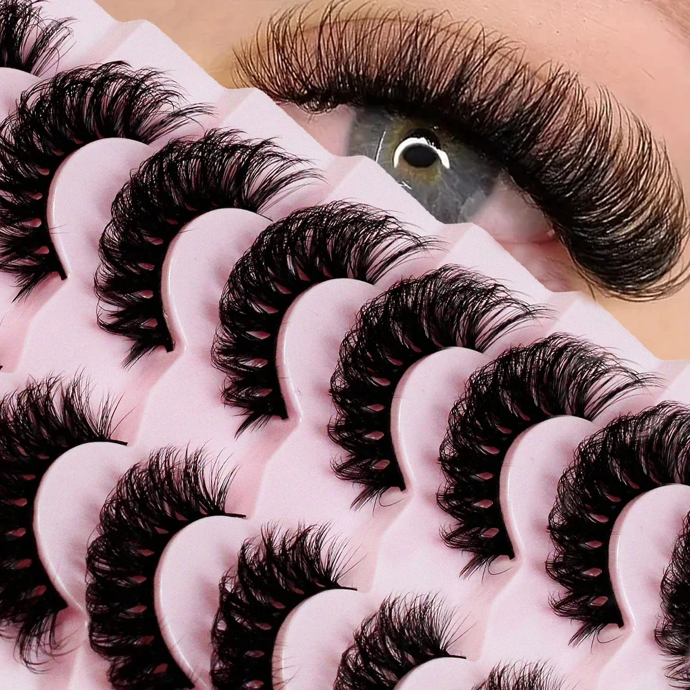 Russo Strip Lashes com D Curl, Volume Fofo, Cílios Postiços, Dramático Sujo, Faux Mink, Cílios Wispy, Maquiagem Profissional, 7 Pares