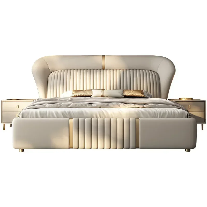 Lits de chambre d'hôtel en cuir de luxe pour adultes, grand lit double doré, mobilier de chambre à coucher moderne, lit King, blanc, rangement, 200 × 180