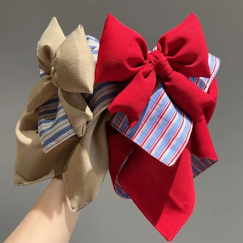 

1PC French Sweet Striped Fabric Square Scarf with Bow Ponytail Clip High-End Half-Up Hairpin Headdress for Women