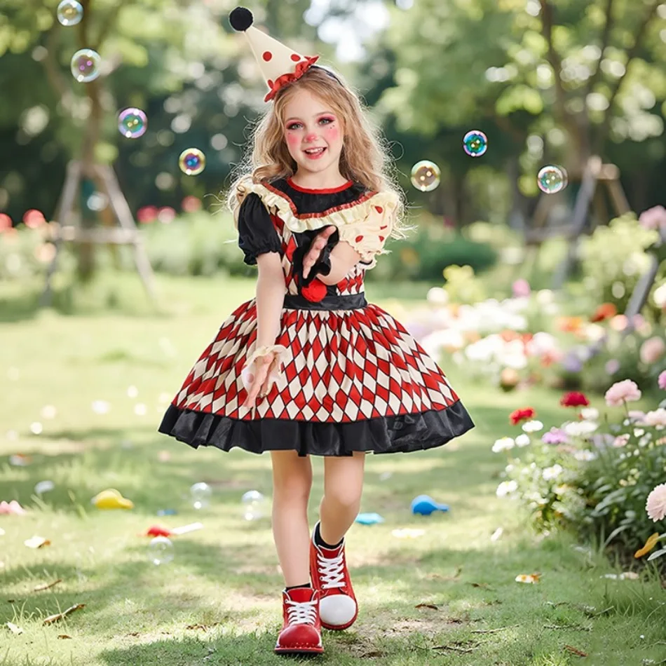 Children Red and Black Rhombus Clown Role Play Dress Boy Girl Carnival Performance Costumes Halloween jester Dress Up Cloth PS66