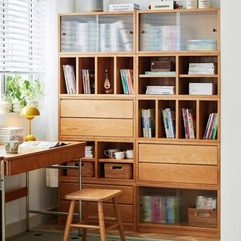 

All solid wood bookcases are freely combined, modular floor-to-ceiling living room cherry wood bay window lattice displ