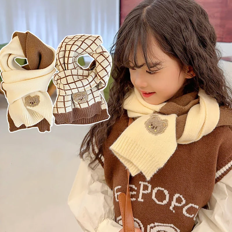 New Korean Bear Stripe Kids Scarf Winter Thick Velvet Warm Boy Girl Long Neckerchief Outdoor Windproof Kids Anti-Cold Neck Cover