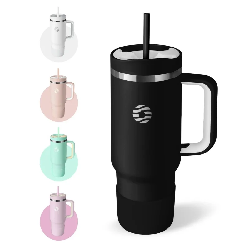 FEIJIAN Edelstahl-Vakuum mit Griff, tragbare Kaffeetasse, Autobecher mit Strohhalmdeckel,