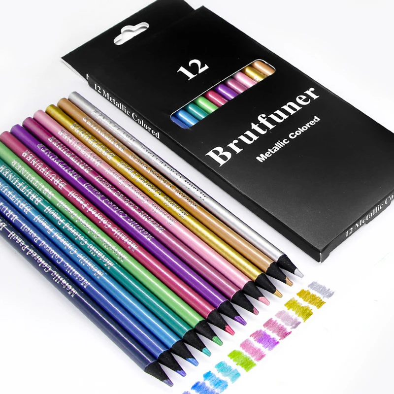 12 Colors Metallic Colored Pencil Back to School Color Pencil Set Art Supplies Stationery Items for Kids DIY Drawing Painting