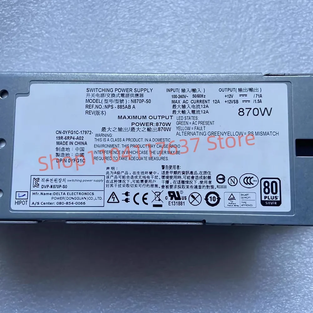 Para fuente de alimentación del servidor R710 T610 870W YFG1C 0YFG1C N870P-S0 NPS-885AB A