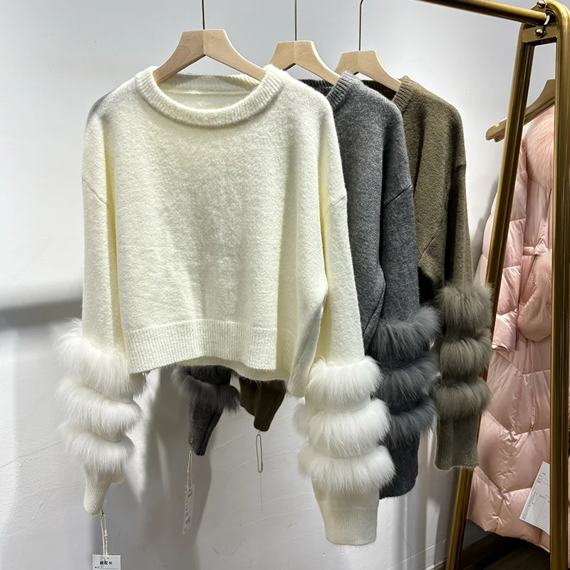 เสื้อสเวตเตอร์ขนสัตว์คลาสสิกคอโอสำหรับผู้หญิง ฤดูใบไม้ร่วง ปี 2025 สีเทา ขนฟ็อกซ์ธรรมชาติ หนา ถักสำหรับสาวๆ