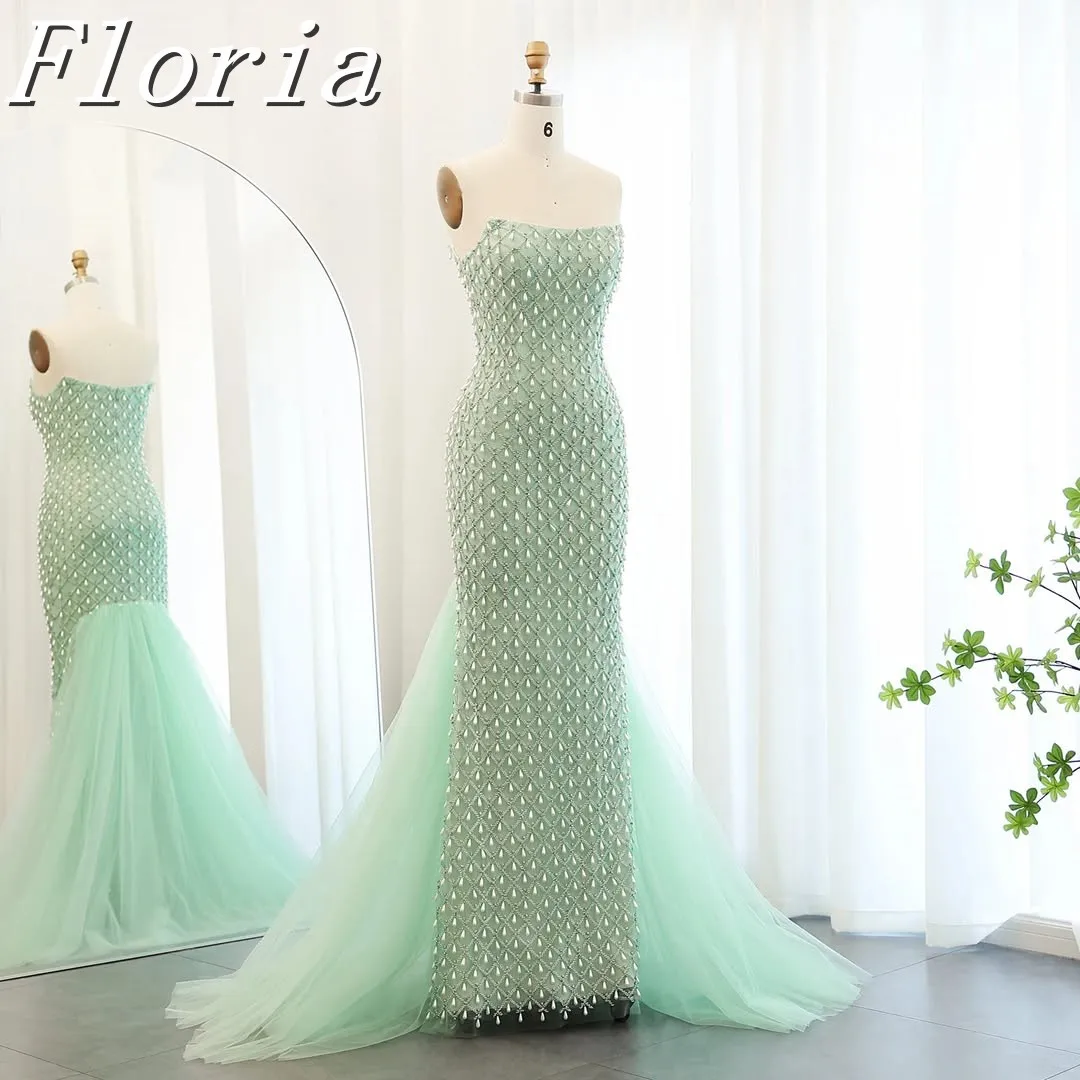 โมเดิร์น Mint สีเขียวคริสตัลไข่มุก Mermaid ชุดราตรีประดับด้วยลูกปัดปิดไหล่ชุดปาร์ตี้กวาด Tulle รถไฟที่กําหนดเอง