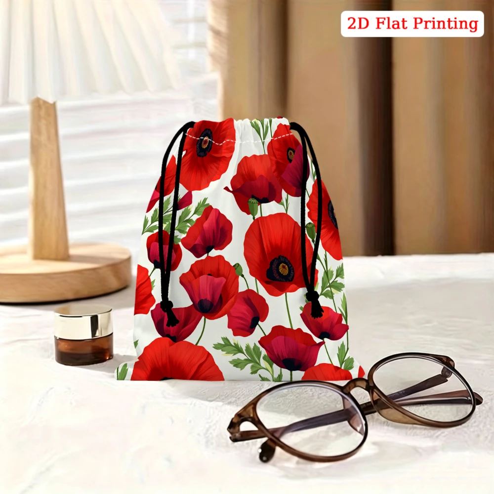 1pc Floral Drawstring Bag Red Poppy Print Storage Small Pouch For Travel Cosmetics Glasses Organizer Portable Gift For Women