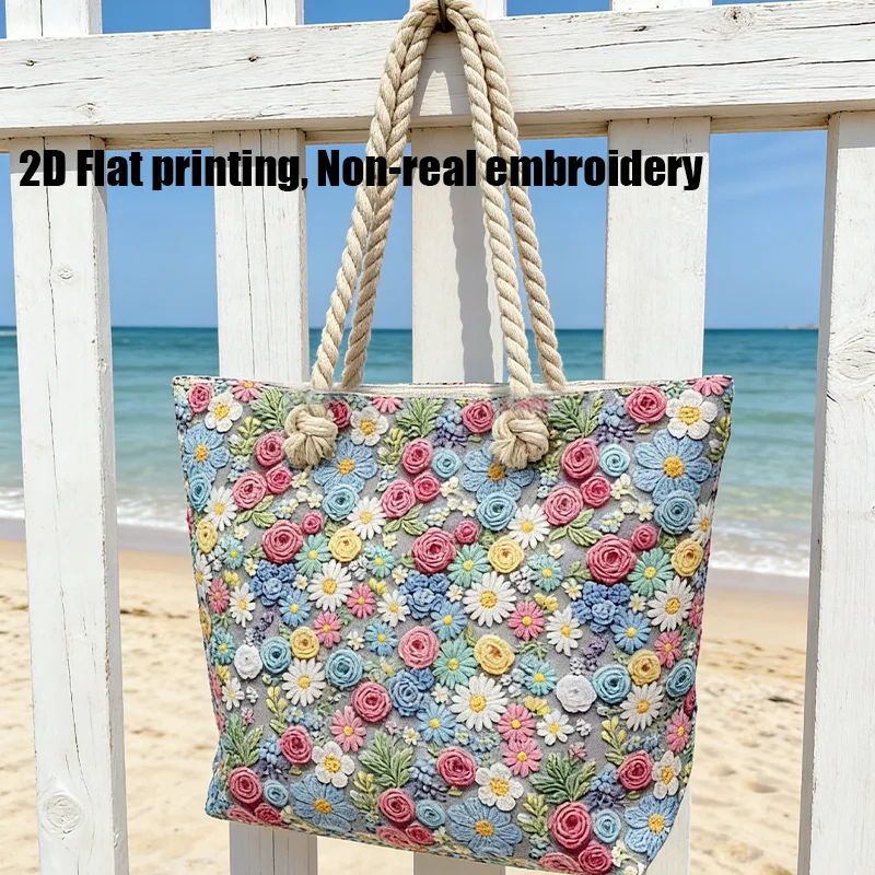

Вместительная сумка-тоут, яркая сумка из джутовой веревки с цветочным принтом, большая сумка через плечо для пляжного отдыха и путешествий.