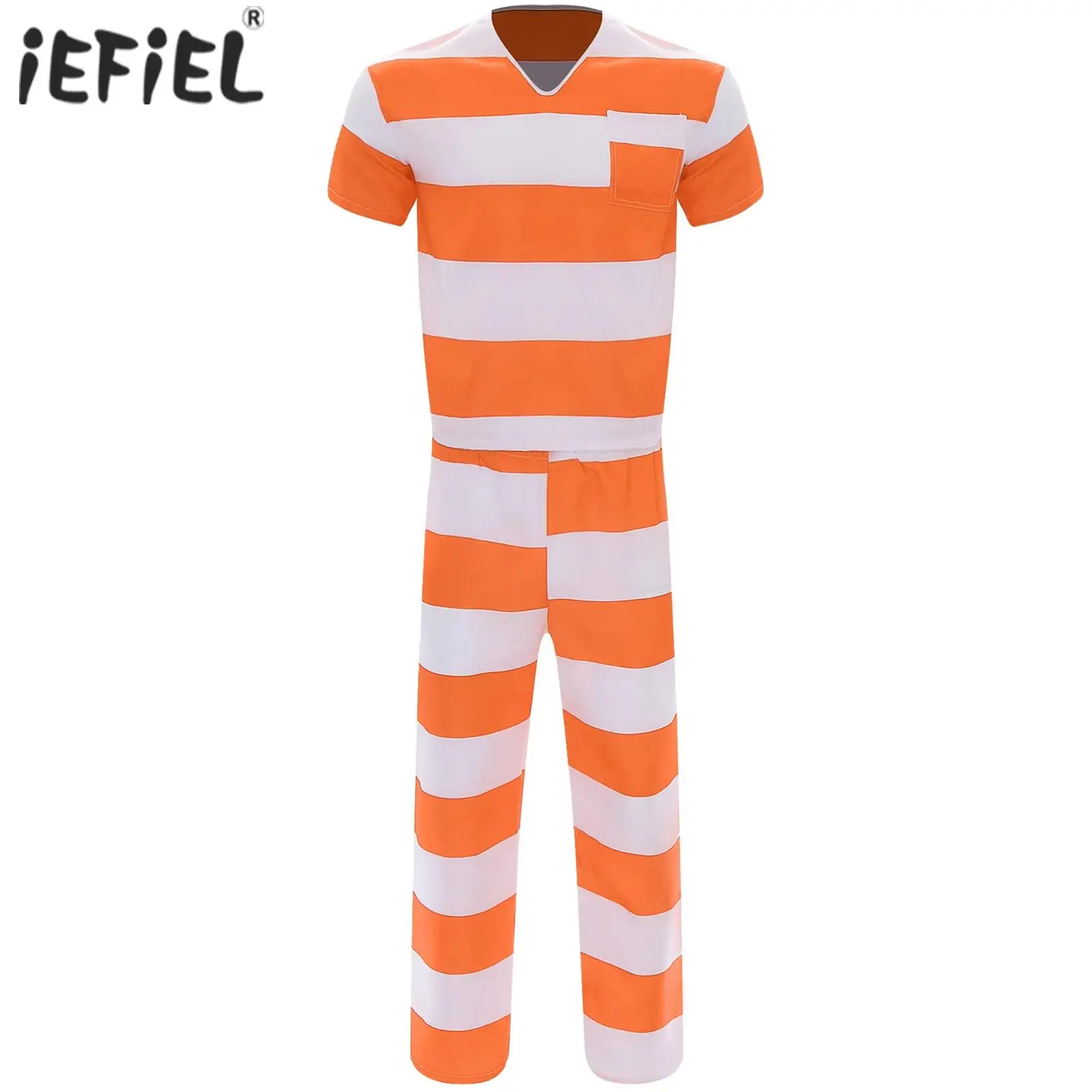 Mens Jailbird Convict Jailbird Uniform Halloween Guilty Prisoner Jail Cosplay Costumes Shirt Top And Elastic Waistband Pants