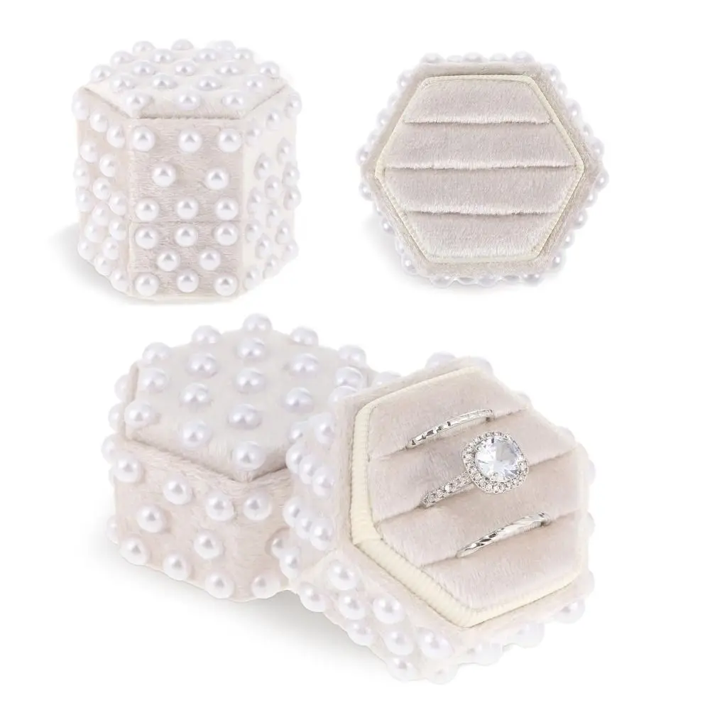 Pearl Velvet Ring Box 2/3 Slots with Detachable Lid Elegant Jewelry Box Wedding Decor Hexagon Ring Gift Box for Wedding Ceremony