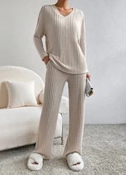 Two Piece Set Women Outfit 2023 Spring Fashion Knitted Solid V-Neck Long Sleeve Top & Casual Loose Pocket Straight Pants Set