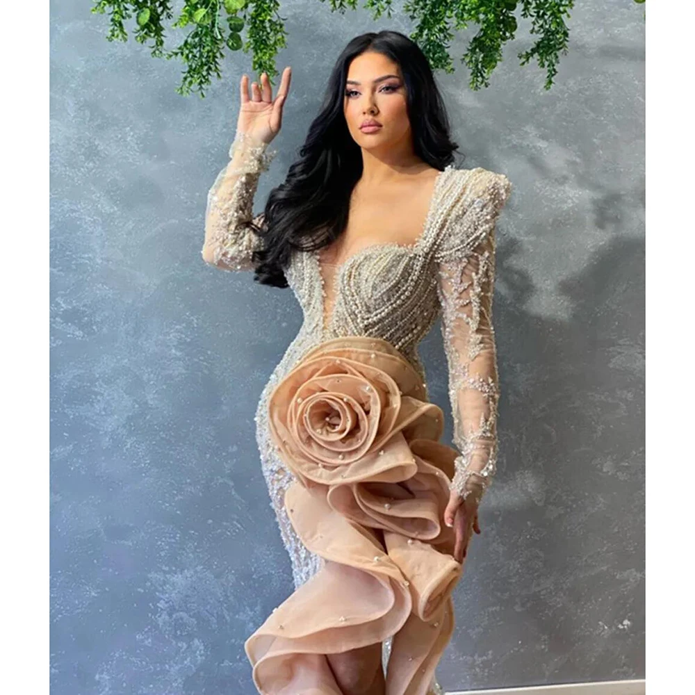 Mermaid Sweetheart Long Sleeves Prom Dress Appliques Sequins Beads Lace Party Dress Plus Size Evening Gowns vestido de noche