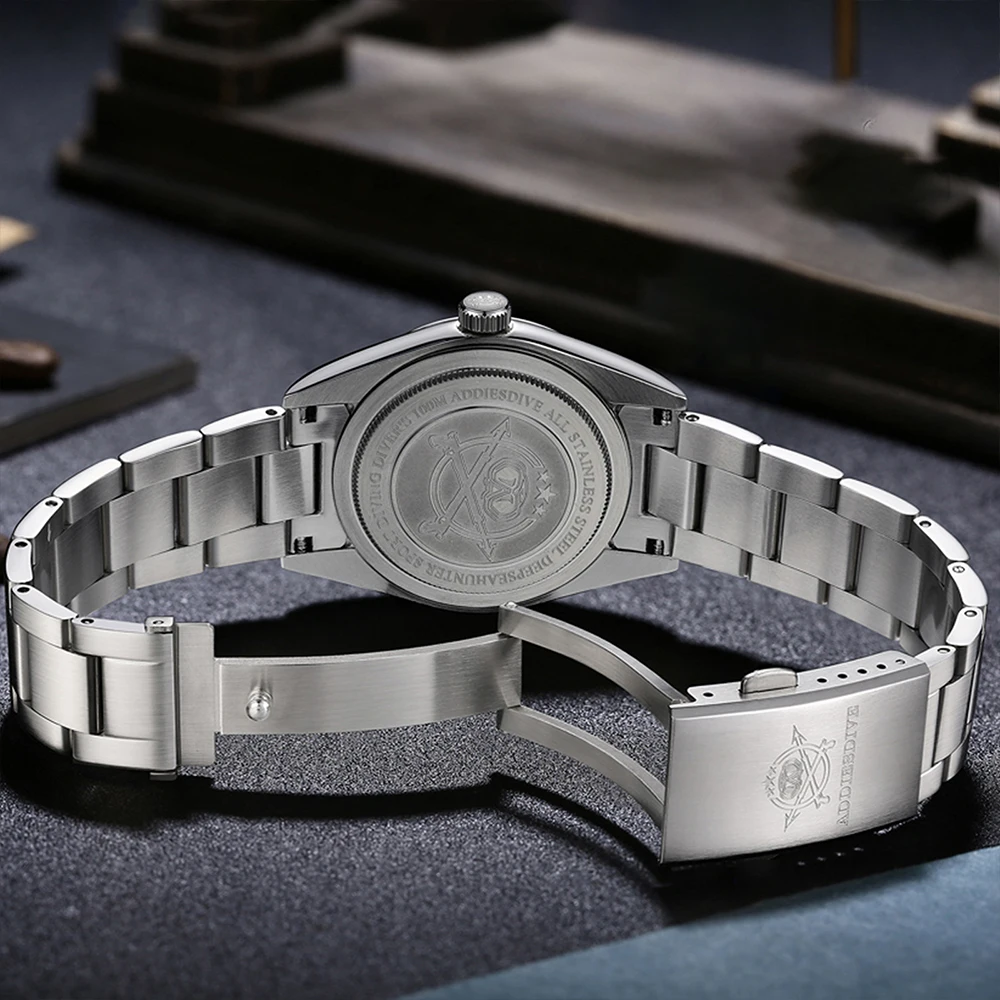 ADDIESDIVE 36mm 쿼츠 맞춤 시계 새로운 럭셔리 VH31 AR 코팅 3D 스케일 민트 그린 방수 100m 다이빙 스테인레스 스틸 남자 시계