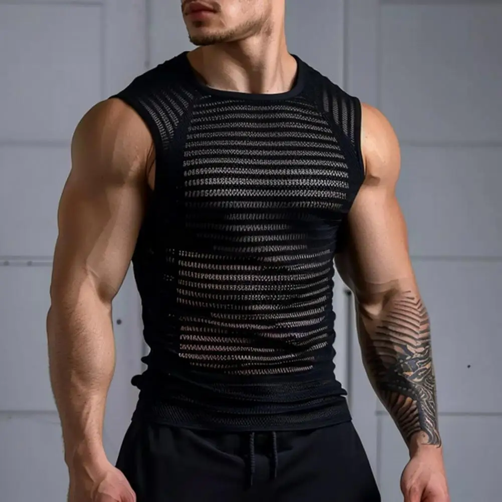 

Men Transparent Tank Top Men's Streetwear Mesh Sleeveless Tank Top with Wide Shoulder Straps Transparent Stripes for Summer