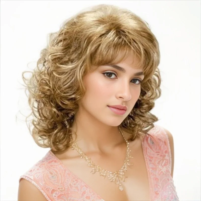 Woman Curly Hair with Bangs Short Blonde Ombre Style Loose Wave Synthetic Wig Costume Party Wigs for Women