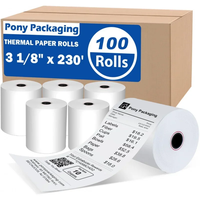 (100 Rolls) 3 1/8 x 230 Thermal Paper , BPA Free Receipt , Fits All POS Cash Registers Roll Packaging