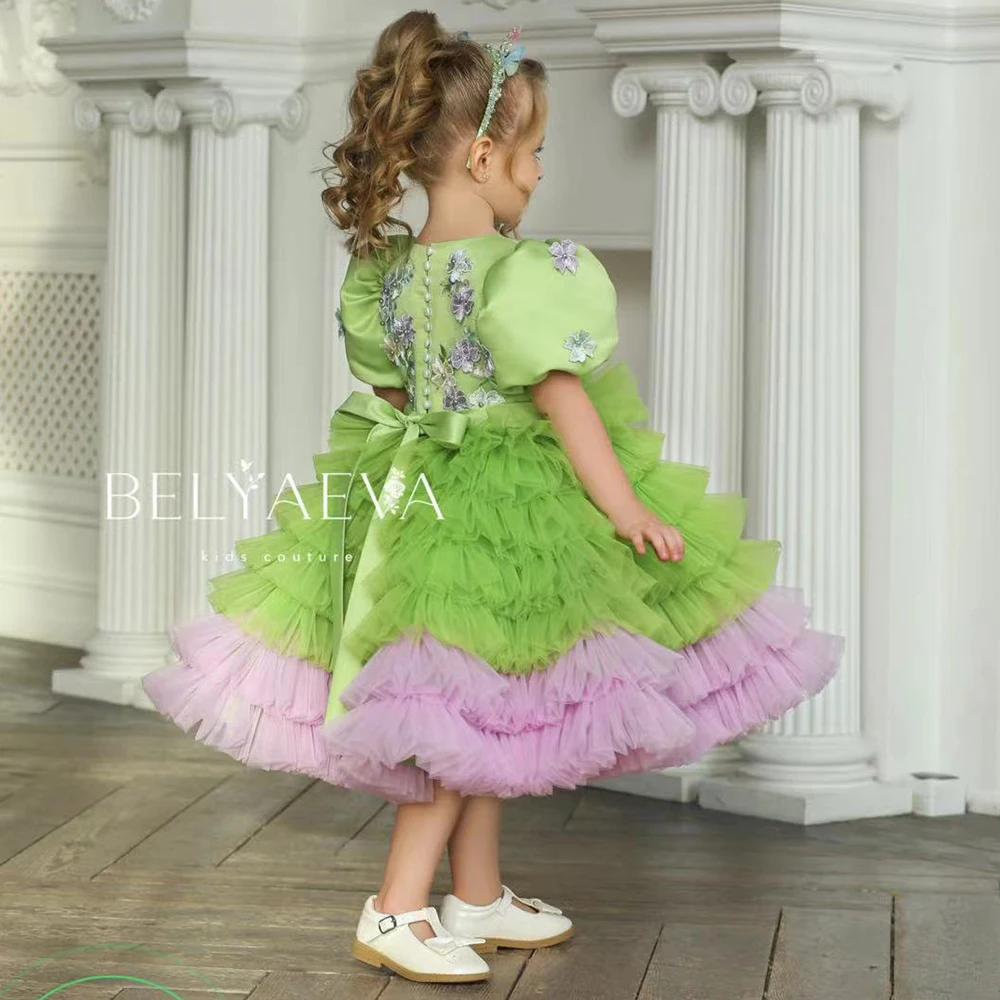 Cute Princess Flower Girl Dress Tulle Puffy With Feathers Layered TullWedding Birthday Party First Communion Ball Gowns With Bow