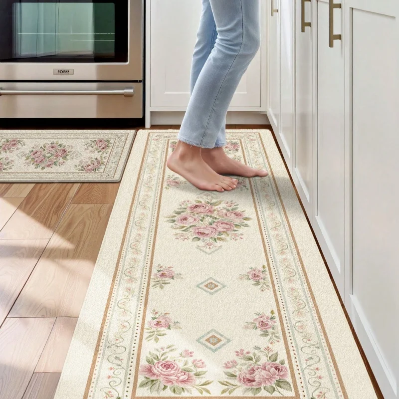 Vintage Green Pink Rose Floral Border Felt Runner Rug Non Slip Washable Farmhouse Kitchen Hallway Mat