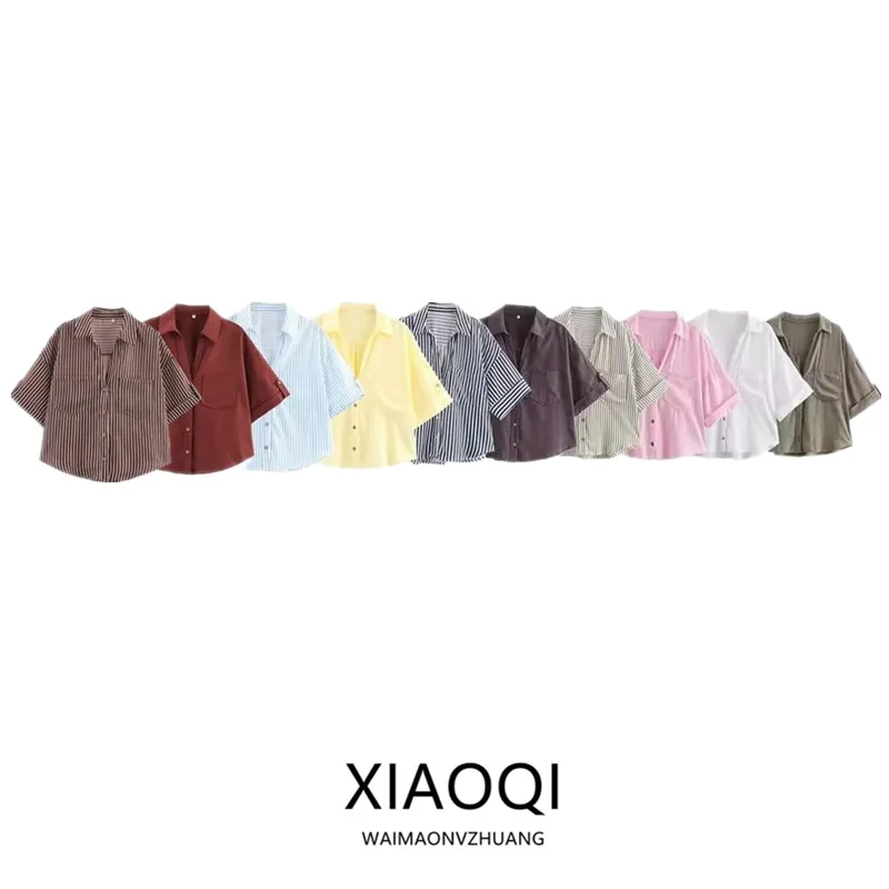 

2024 Summer New Women's Faion Linen Blend irt Versatile Commute Design ort Sve V-Ne Loose Fit Regular Length