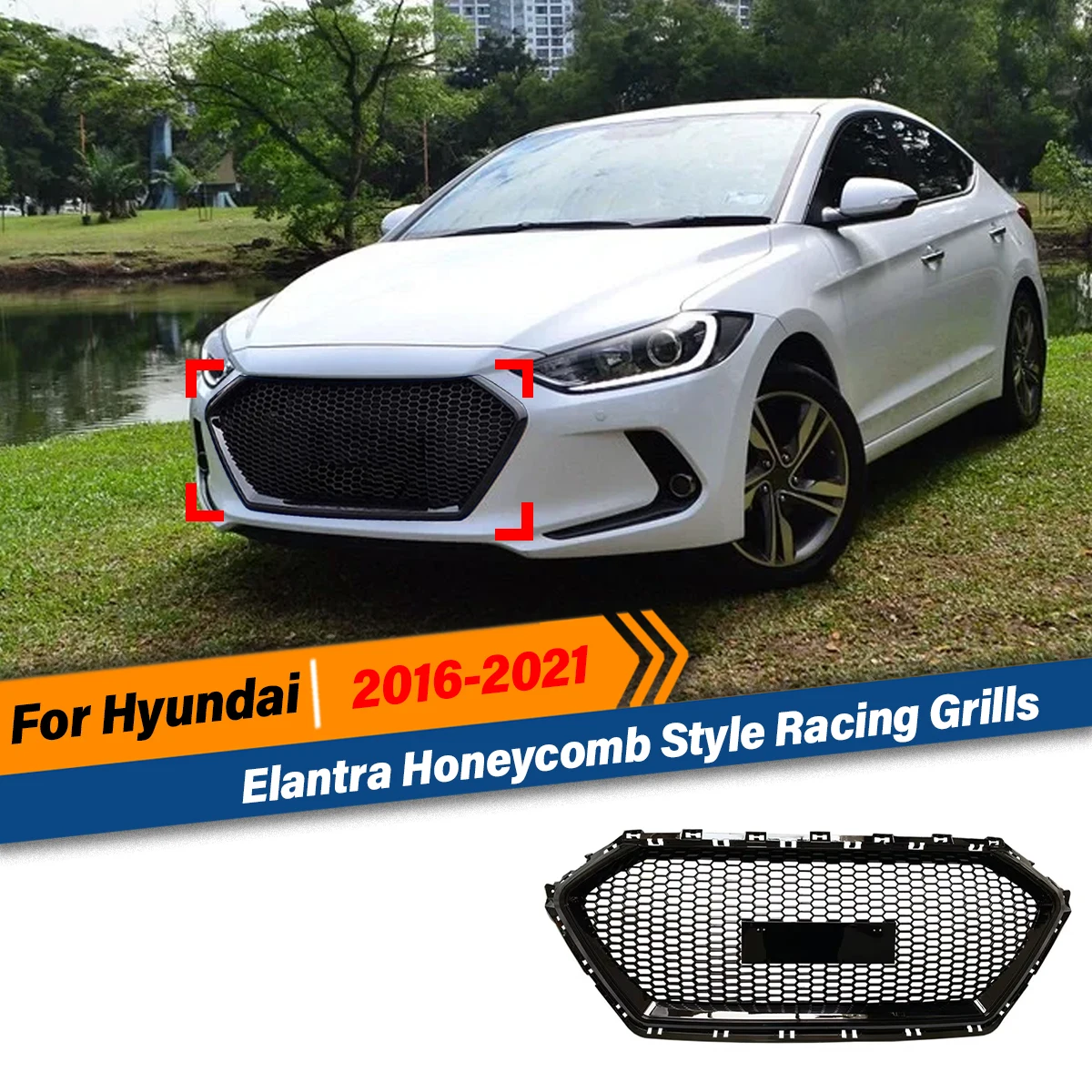 

Для Hyundai Elantra 2016 2017 2018 2019 2020 2021, разделитель переднего бампера в сотовом стиле, гоночные грили, аксессуары, комплект кузова