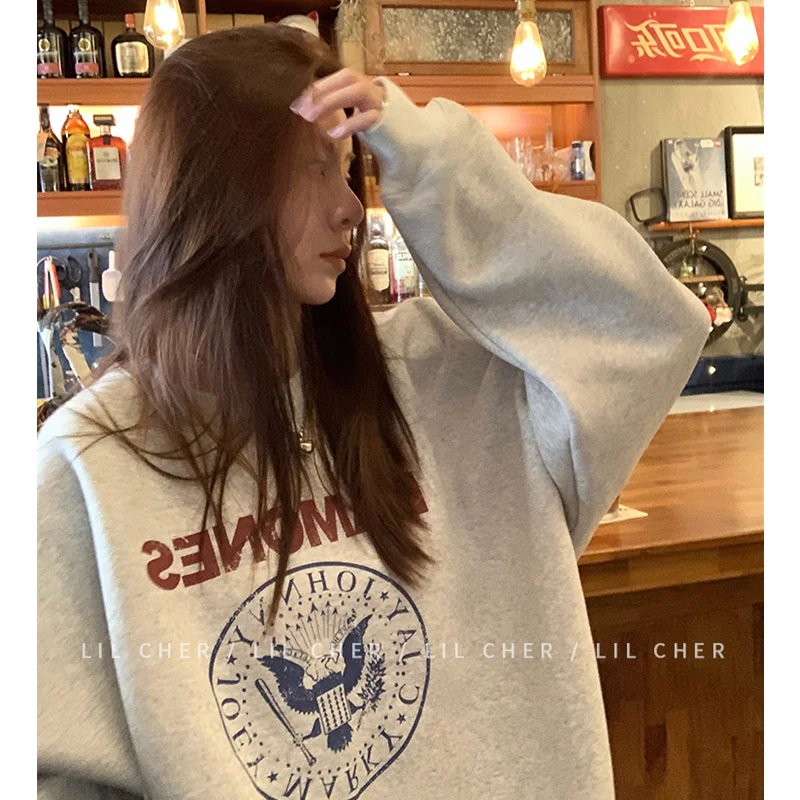 

Women Grey Sweatshirt Letter Print Crew Neck Korean Fashion Hip Hop Vintage Leisure Loose Winter Long Sleeves Pullover Tops