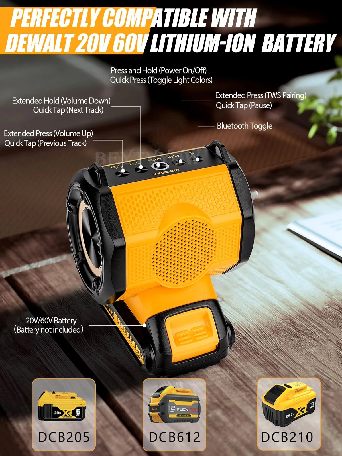 

Bluetooth Speaker for Dewalt 20v 60v Battery With USB-A/C ports RGB Light 30W Cordless Small Speaker for Jobsites Home and Party
