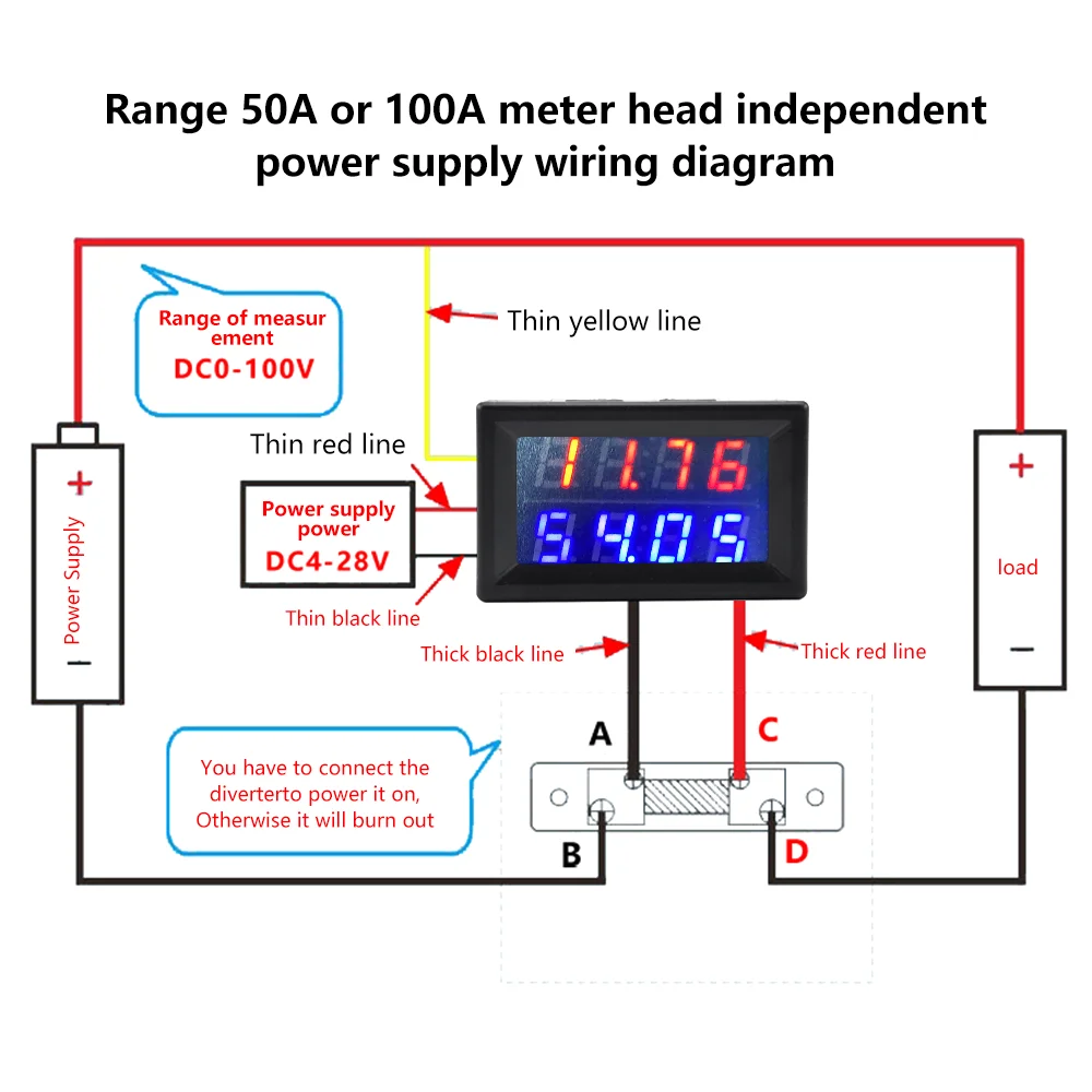 DC100V/200V 50A/100A LED Digital Voltmeter Ammeter 4 Bits 0.28‘’Dual Voltage Current Meter Volt Detector Tester Monitor for Car